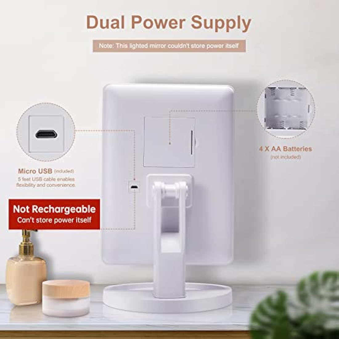 FASCINATE Makeup Vanity Mirror with Lights and Detachable 10X Magnification, 21 Led Lights Adjustable Dimming Touch Sensor, Dual Power Supply, 180° Rotation, Portable Cosmetic Mirror(White)