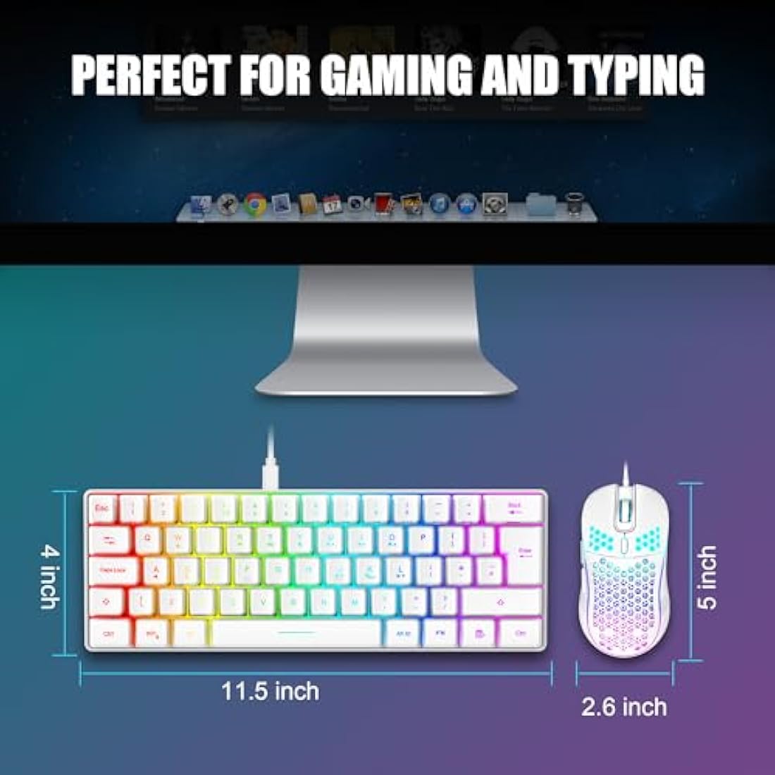 RedThunder 60% RGB Gaming Keyboard and Mouse Combo,UK Layout Ultra Compact Backlit Mini Keyboard, Lightweight 7200 DPI Cellular Optical Mouse, Portable Wired Gaming Set for PC PS5 Gamers (White)