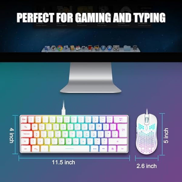 RedThunder 60% RGB Gaming Keyboard and Mouse Combo,UK Layout Ultra Compact Backlit Mini Keyboard, Lightweight 7200 DPI Cellular Optical Mouse, Portable Wired Gaming Set for PC PS5 Gamers (White)
