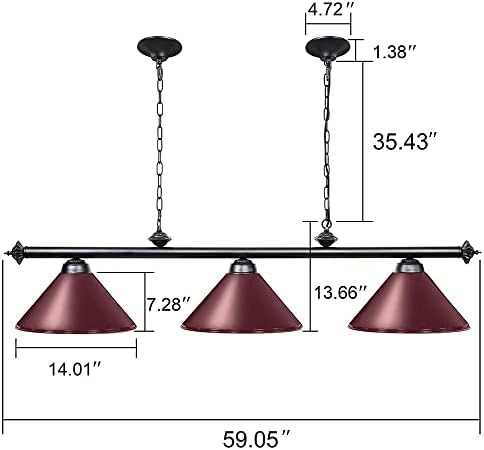 Wellmet 59-inch Hanging Pool Table Light, 3 Light Ceiling Pendant Lighting Fixture with Red/White Matte Lamp Shade, Ideal for 7Ft-9Ft Pool Tables, Game Room