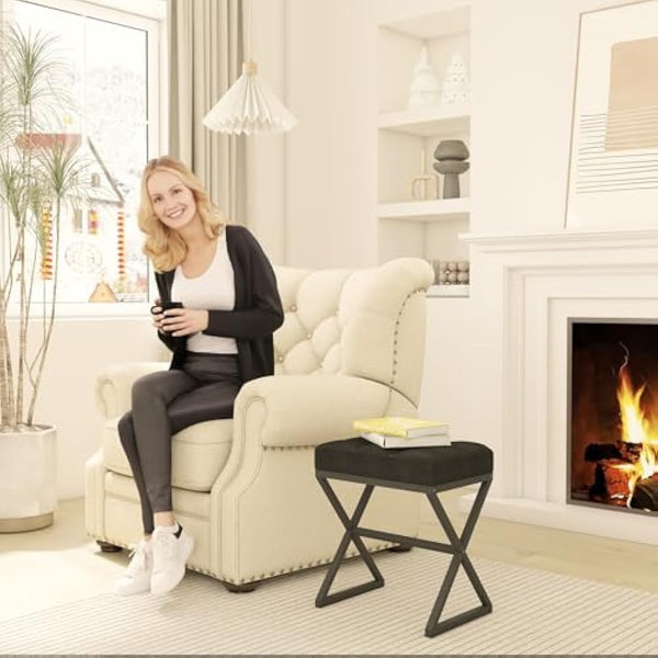 YMYNY Vanity Stool, Linen Footrest, Square Ottoman Bench with X-Shaped Metal Legs, Small Side Table Makeup Dressing Seat for Living Room, Bedroom, Entryway, Hallways 40×30×46CM Black HBD033B