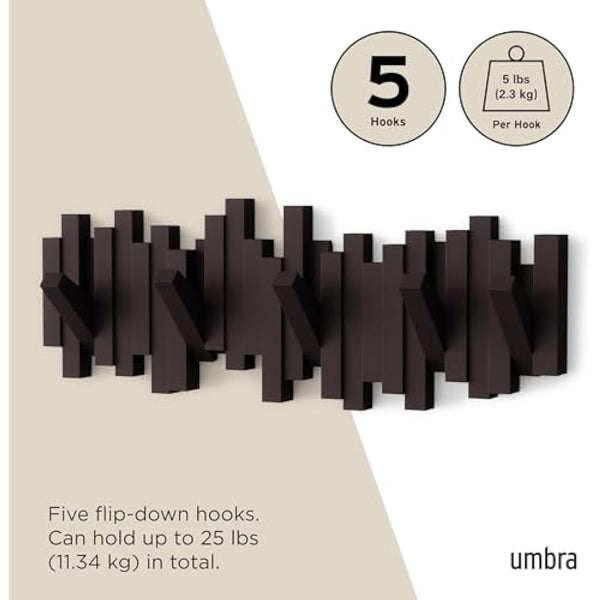 Umbra Sticks Multi Rack – Modern, Unique, Space-Saving Hanger with 5 Flip-Down Hooks for Hanging Coats, Scarves, Purses and More, Espresso, 19-1/2" x 7-1/4" x 1" h