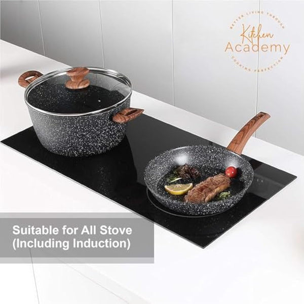 Kitchen Academy Induction Hob Pots and Pans Set - 12 Piece Cooking Pans Set, Black Granite Kitchen Cookware Set,Nonstick Saucepan Set PFOS & PFOA Free