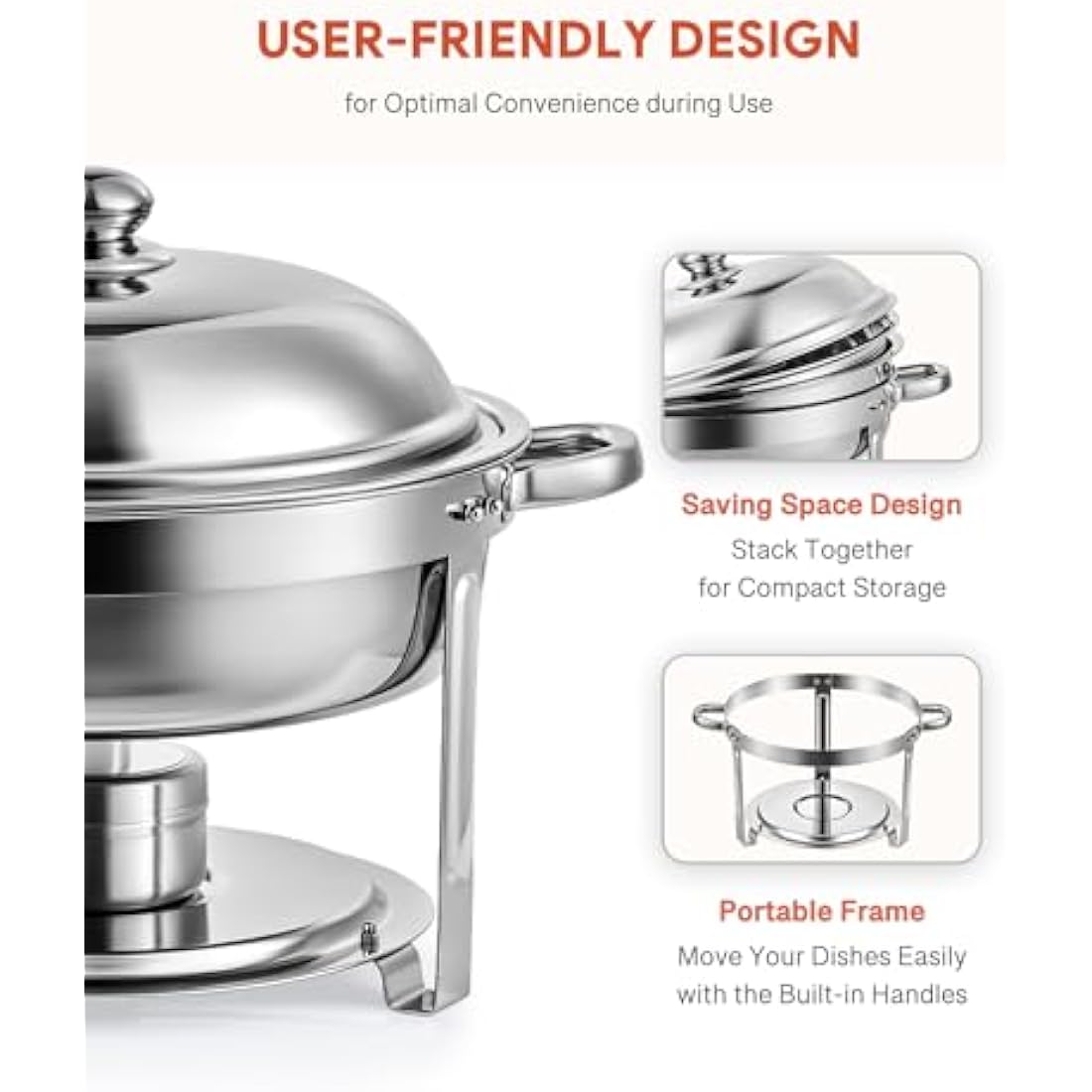 Wilprep Chafing Dish Buffet Set of 4, Round Stainless Steel Chafing Dishes and Food Warmers with Lids Food Pans & Fuel Holders, 5L Buffet Trays for Restaurant Catering Parties Weddings Picnics