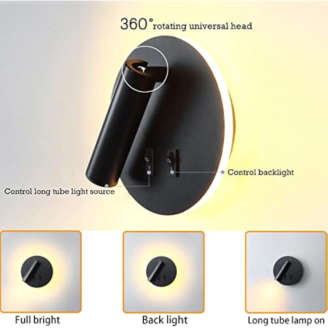 uksunvi LED Wall Mounted Lamp,Bedside Reading Wall Light,12W LED Wall Lamp, Adjustable Spotlight （3W +9W 3000K Warm Light） (Black Round)