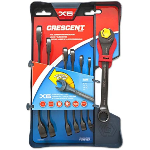 Crescent CX6RWM7 7 Piece x6 Combination Wrench Set with Ratcheting Open-End and Static Box-End, Metric, 8-17mm