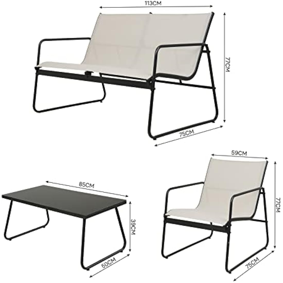 Grand patio Conversation Sets 4 Pieces, Garden Table and Chairs, mesh sling Material, Waterproof, Breathable, Garden Furniture Sets for Outdoor, Backyard, Poolside (Beige)