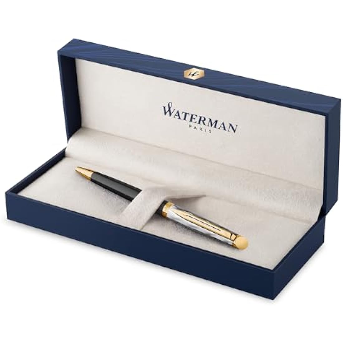 Waterman Hémisphère Ballpoint pen | Metal & Black Lacquer with Gold trim & Chiselled cap | Medium tip | Blue Ink | Gift Box