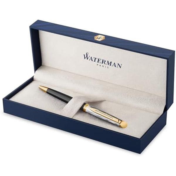 Waterman Hémisphère Ballpoint pen | Metal & Black Lacquer with Gold trim & Chiselled cap | Medium tip | Blue Ink | Gift Box