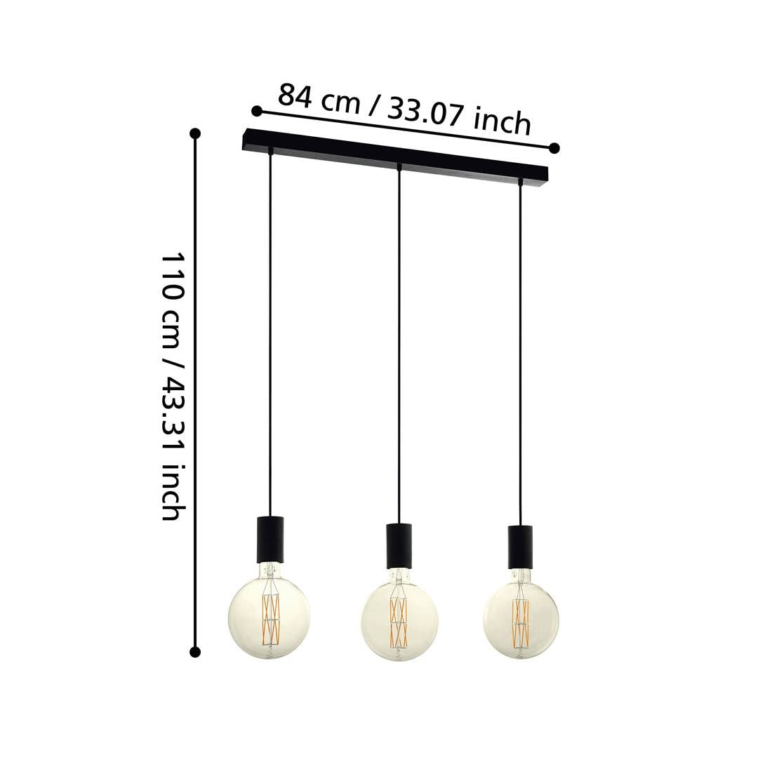 EGLO Pendant lighting Pozueta, 3 bulbs ceiling light fitting made of black steel, vintage and industrial style hanging lamp for dining and living