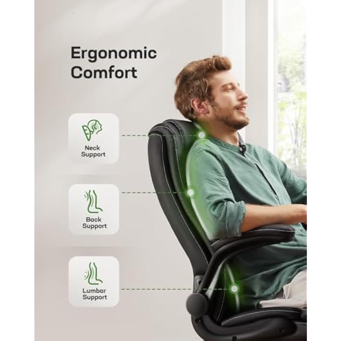 Marsail Executive Office Chair with Flip-up Armrests,PU Leather Ergonomic Office Chair with Tilt Function Height-Adjustable Swivel Rolling for Home Office Working