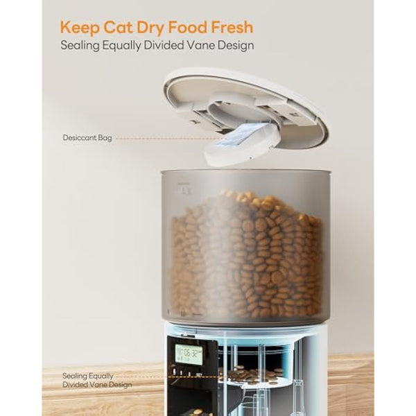 Automatic Cat Feeder: Cat Food Dispenser with Programmable Timer - Intelligent Cat Bowls with 10s Voice Recorder - Electric Dog Feeder Support 1-6 Meals Button Control White 4L