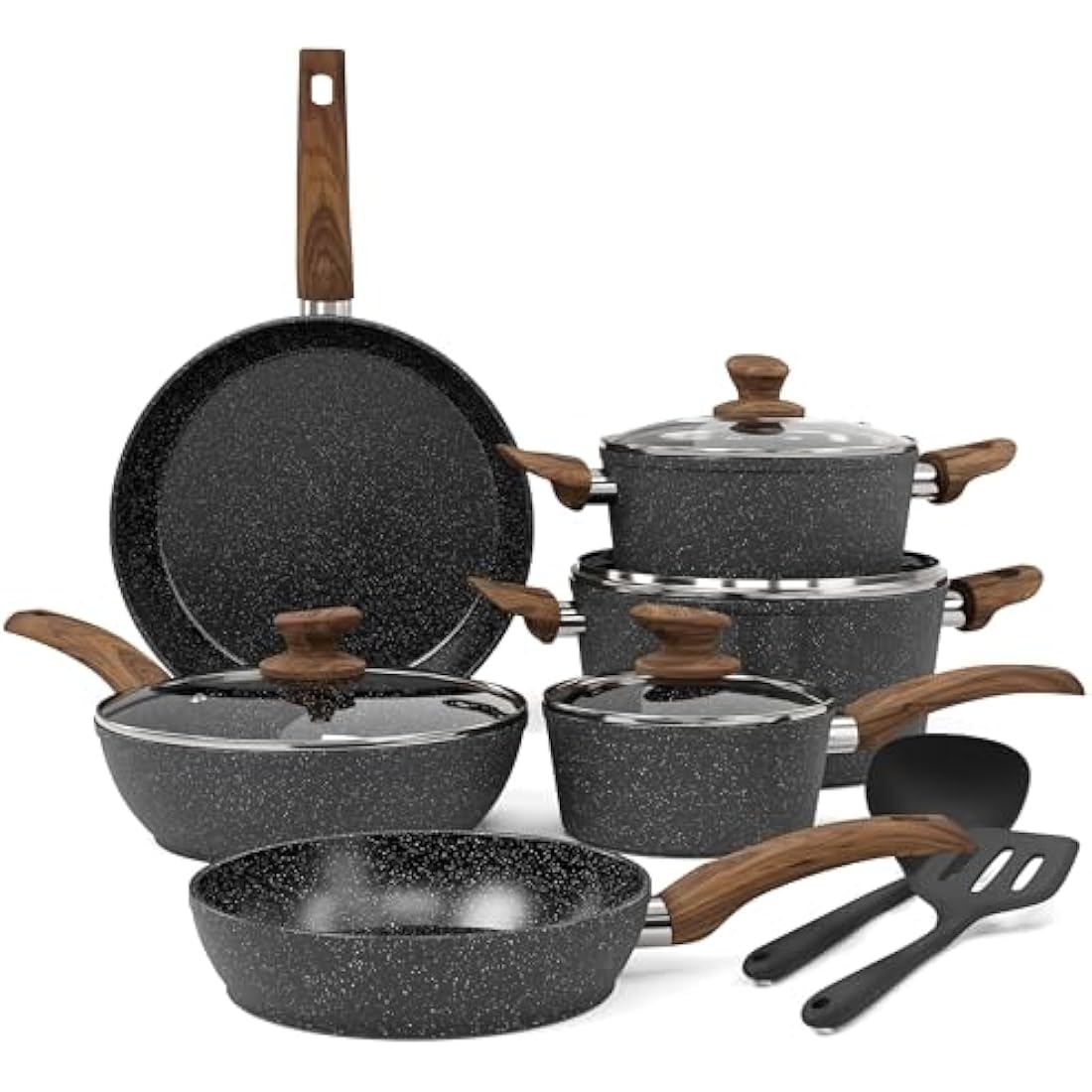 Kitchen Academy Induction Hob Pots and Pans Set - 12 Piece Cooking Pans Set, Black Granite Kitchen Cookware Set,Nonstick Saucepan Set PFOS & PFOA Free