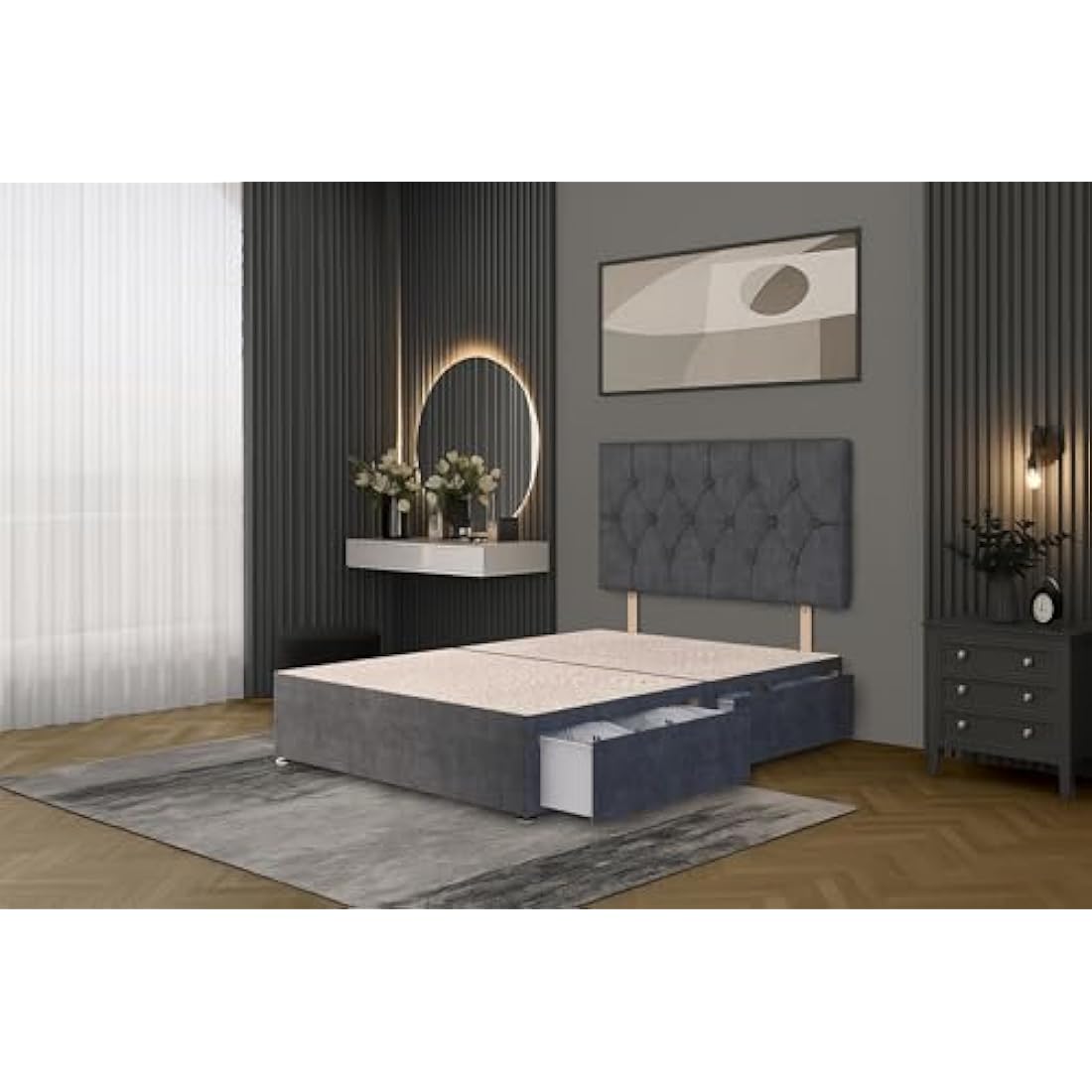 Bed Centre Charcoal Plush Fabric Divan Base Plus Matching Headboard3ft 4ft 4ft6 5ft 6ft (4FT6 (Double))