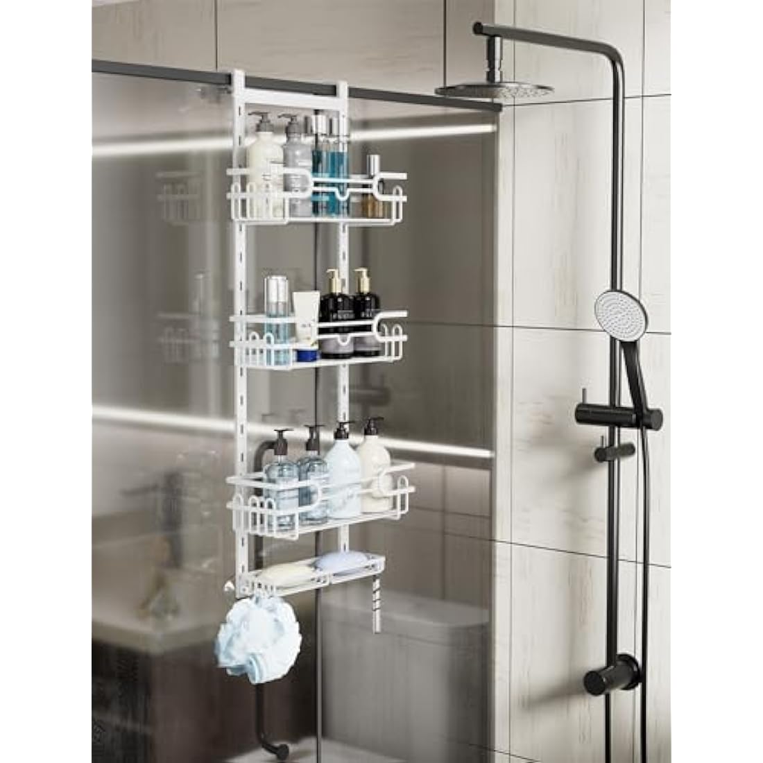 HapiRm Over The Door Shower Caddy - with 2 Soap Holders, 4 Tier Adjustable Hanging Shower Caddy Bathroom Shelf with 22 Hooks, Rustproof Easy Installation Shower Organizer Hanging for Bathroom