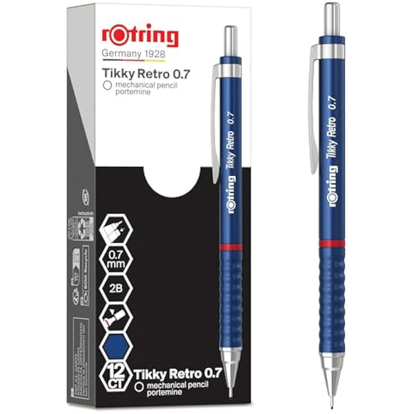 rOtring Tikky Retro Mechanical Pencils | 2B 0.7 mm | Blue Barrels | with Comfort Rippled Grip | 12 Count