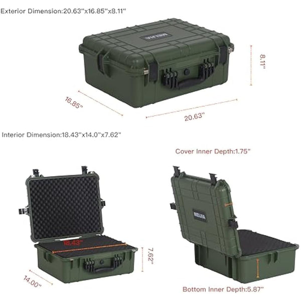 MEIJIA Waterproof Hard Camera Case with Customizable Fit Foam, Fit for Drones,Camera,Lens (Green, 20.62"x16.85"x8.11")