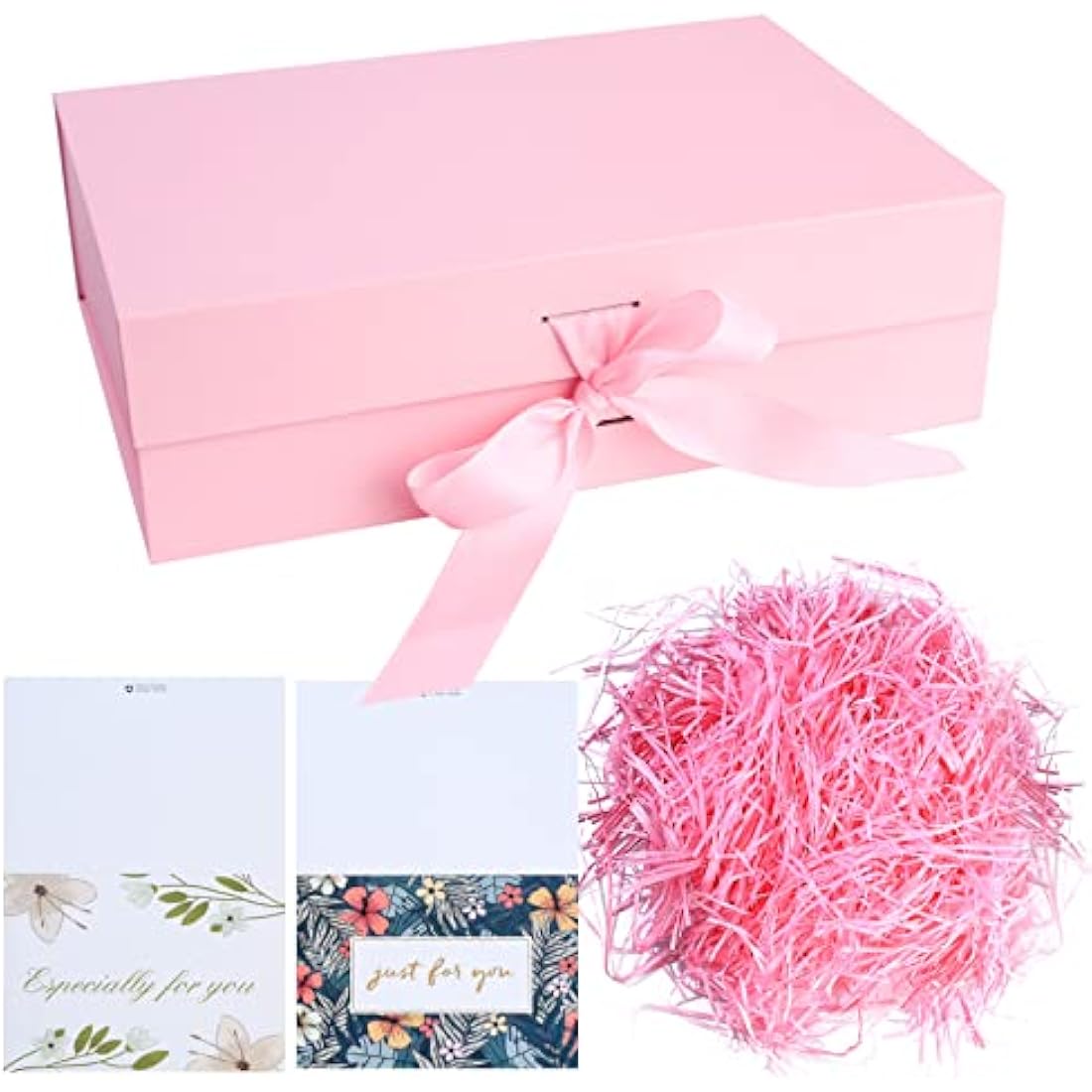 Christmas Pink Gift Box with Ribbon, Luxury Premium Magnetic Present Boxes with Lids, Large Rectangle Gift Packaging Decorative Presentation Box for Present Gifts, with Shredded Paper, Cards