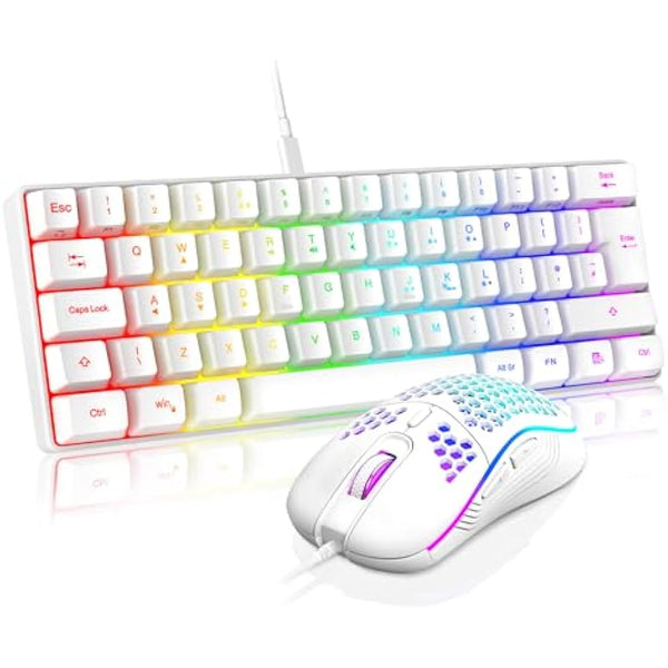 RedThunder 60% RGB Gaming Keyboard and Mouse Combo,UK Layout Ultra Compact Backlit Mini Keyboard, Lightweight 7200 DPI Cellular Optical Mouse, Portable Wired Gaming Set for PC PS5 Gamers (White)