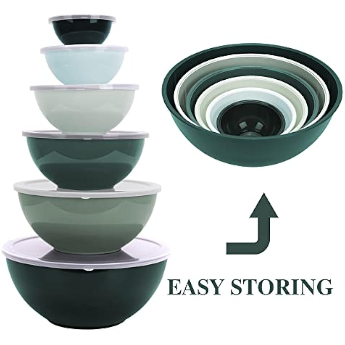 BoxedHome Mixing Bowl Set with Lid, Mixing Bowls, 12-Pack Mixing Bowl Set, Plastic Salad Bowl Non-Slip Stackable Serving Bowls for Kitchen (6 Bowls and 6 Lids, Green)