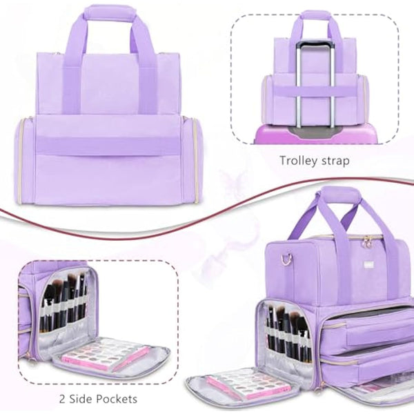 Purple Nail Organiser Case - Double Layer Carrying Bag Holds 80 Bottles - Includes Removable Bags & Nail Lamp