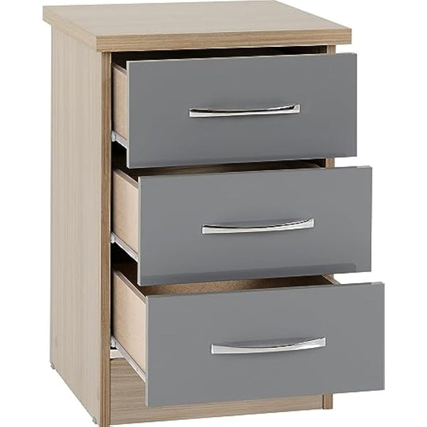 Seconique Nevada 3 Drawer Bedside in Grey Gloss/Light Oak Effect Veneer