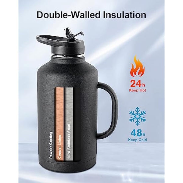 Trebo Stainless Steel Water Bottle 2L, Large Metal Bottle with Handle, Wide Mouth, Double Wall, Keeps Water Cold for 48 Hours, Black