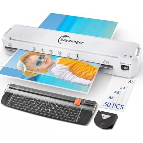 Laminator A3, Laminator Machine with Hot and Cold Settings and 30 Pouches for A3 A4 A5 A6, and Paper Trimmer and Corner Rounder for Home Office
