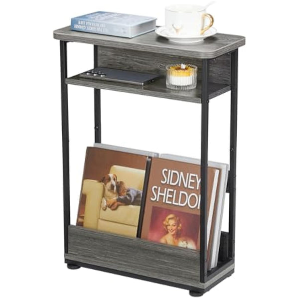 YEAKOO Narrow Side Table for Narrow and Small Spaces, Skinny Bedside Table Small Nightstand with Magazine Rack Space Saving (Grey, M)