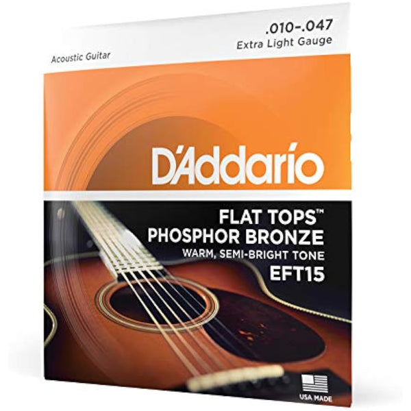D'Addario Guitar Strings - Acoustic Guitar Strings - Flat Tops Phosphor Bronze - For 6 String Guitar - Warm, Semi-Bright Tone - EFT15 - Extra Light, 10-47