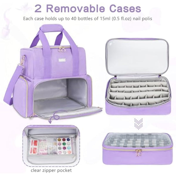 Purple Nail Organiser Case - Double Layer Carrying Bag Holds 80 Bottles - Includes Removable Bags & Nail Lamp