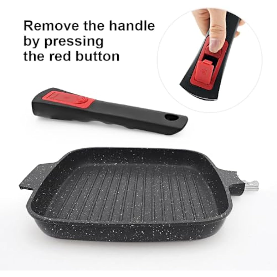RANX INGST Griddle Pan with Lid, 26 x 24 cm Cast Aluminium Non Stick Steak Pan with Detachable Handle for Induction Hob, Black