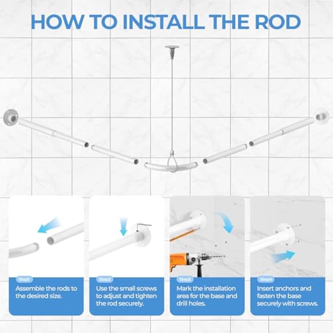 L Shaped Shower Curtain Rail, [60-135cm] x [60-135cm] Adjustable Corner Shower Curtain Rod, Wall Mounted Curved Shower Rail With 12 Rings & Ceiling Support For Bathroom Bathtubs, Need Drilling, White