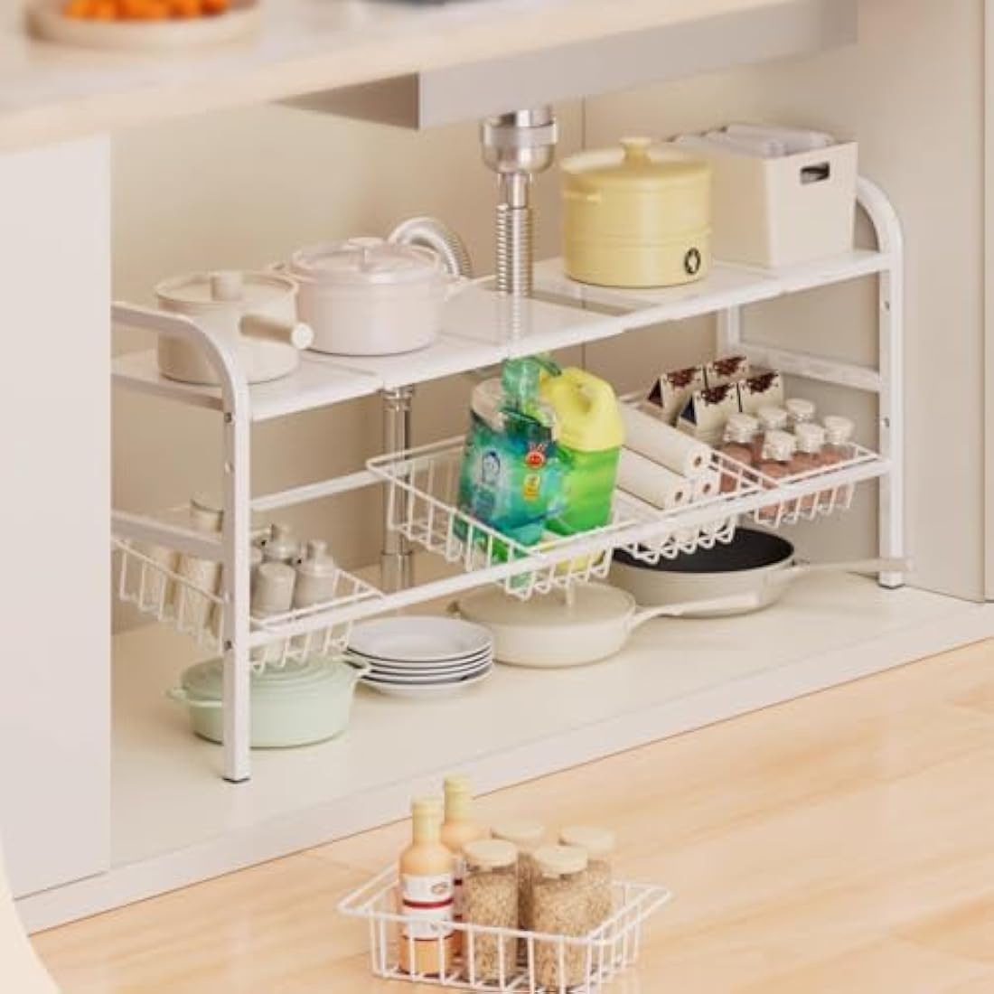 Under Sink Storage Kitchen Organiser,2 Tier Extendable Under Sink Shelf Organiser,With 5 Removable Panels And 5 Storage Basket,Stainless Steel Pipes - White