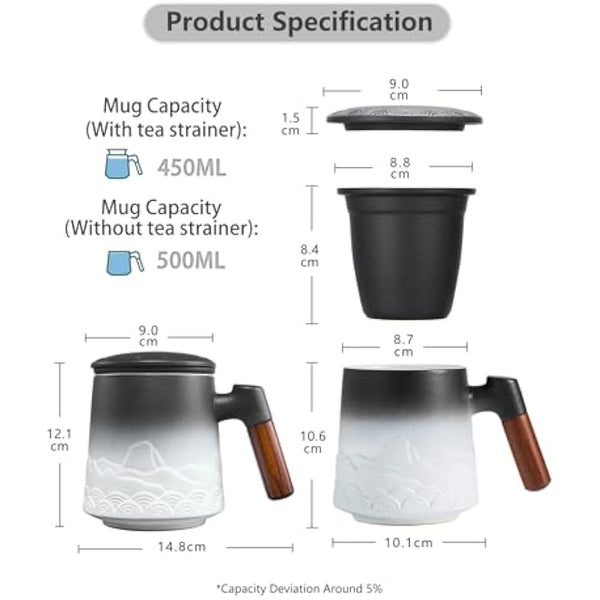 ZENS Tea Mug With Infuser and Lid, 500ML Embossed Ceramic Loose Leaf Cup With Fine Strainers for Diffusers, Wood Handle Infuser Mug for Steeper, Accessories for Women, Gifts for Tea Lovers