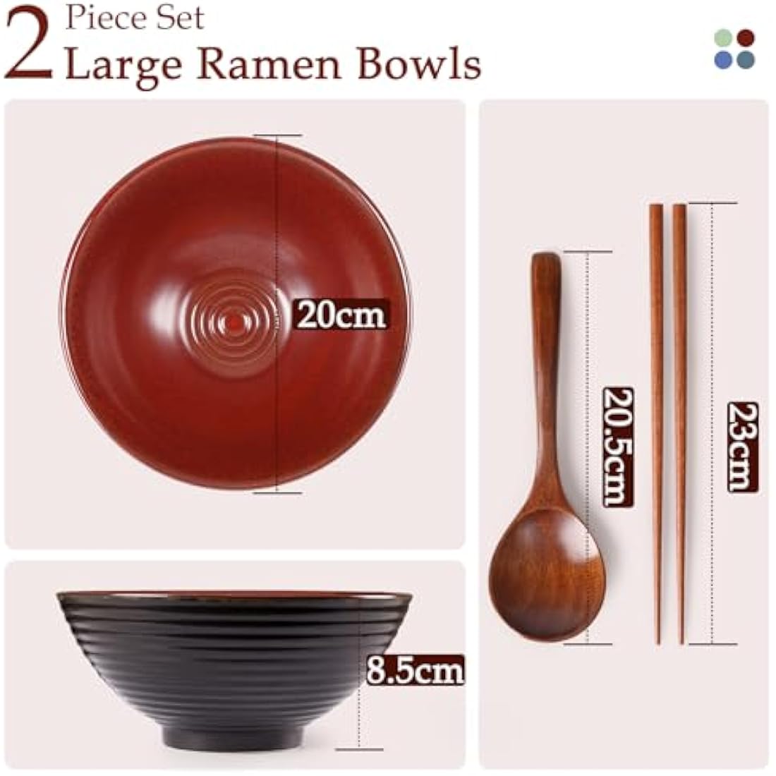 NUTRIUPS 1200ml Ceramic Ramen Bowl Set of 2 Noodle Bowls with Chopsticks and Spoons (Agate Red)