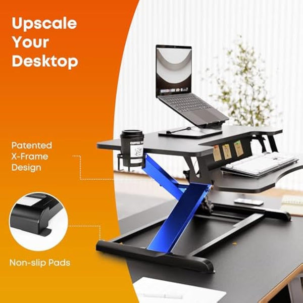 PUTORSEN Standing Desk Converter, 37'' Dual Tiered Sit-Stand Desk Riser with Keyboard Tray, Height Adjustable Computer Workstation with Cup Holder and Note Board up to 15kg, Black