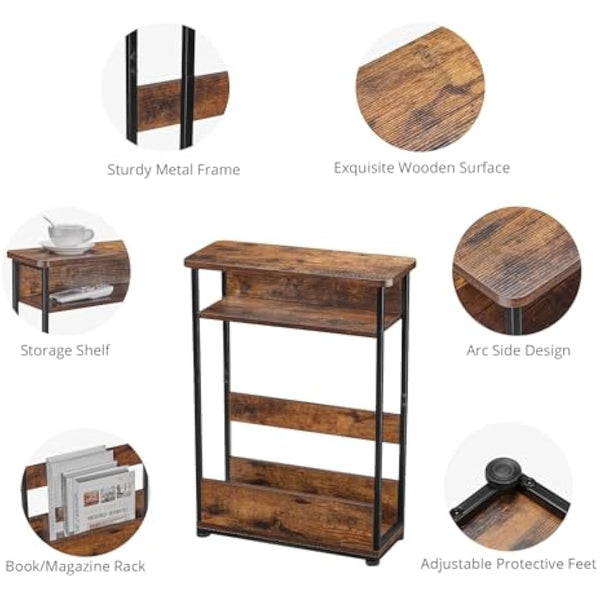 YEAKOO Narrow Side Table for Narrow and Small Spaces, Skinny Bedside Table Small Nightstand with Magazine Rack Space Saving (Rustic Brown, M)