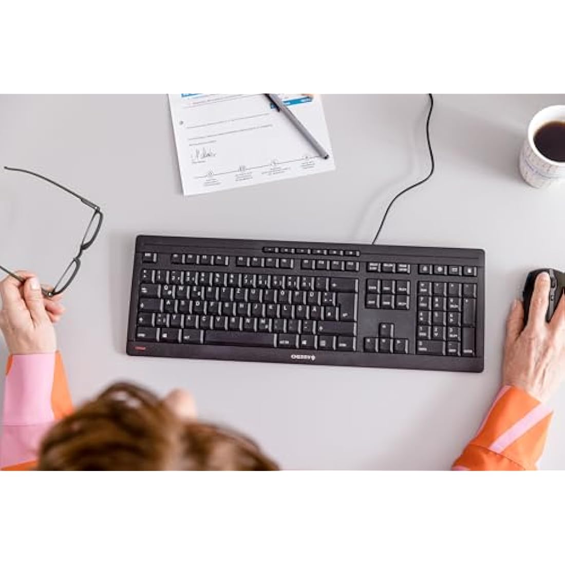 CHERRY STREAM KEYBOARD, Wired Keyboard, EU Layout (QWERTY), Whisper-Quiet Keystrokes, Unique Typing Experience, Flat Design, Black