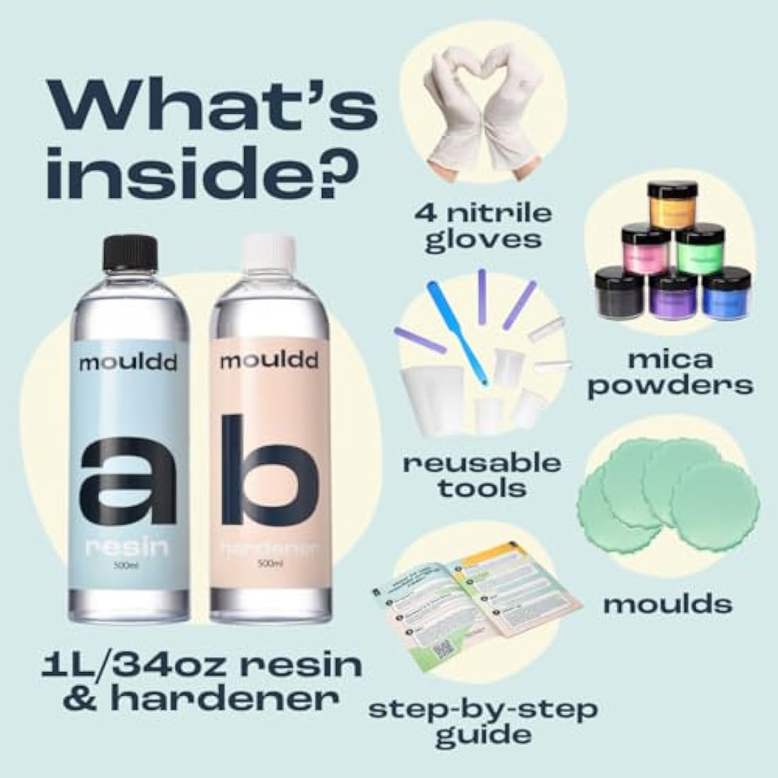 Mouldd at Home Resin Coaster Craft Kit for Adults - Make 10 Drinks Coasters - Includes 1L Epoxy Resin, Tools, Colours, Gloves and How-to-Guide