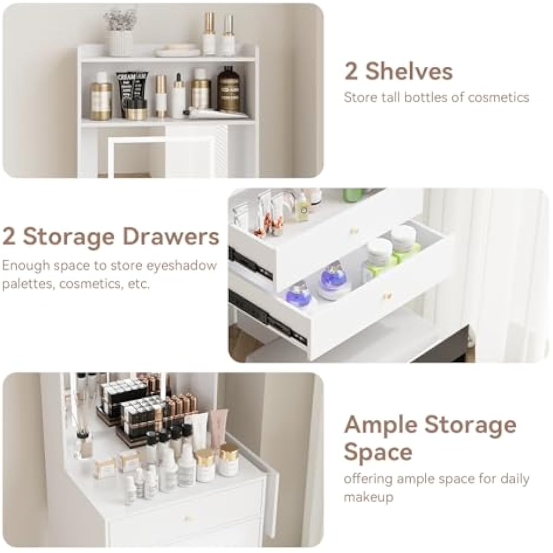 YOURLITE Dressing Table with LED Lights, Vanity Table with Adjustable Brightness Mirror, Makeup Desk with 2 Drawers and Open shelves, White Dressing Table with Fold-up Panel for Bedroom