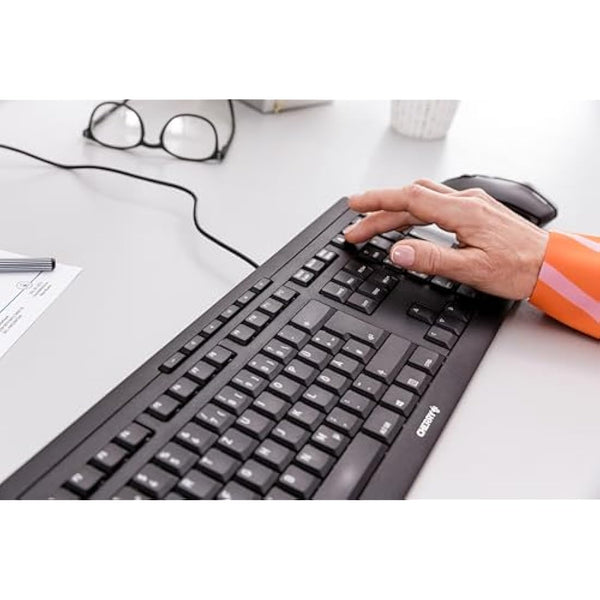 CHERRY STREAM KEYBOARD, Wired Keyboard, EU Layout (QWERTY), Whisper-Quiet Keystrokes, Unique Typing Experience, Flat Design, Black