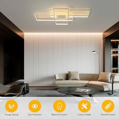 JIINOO Dimmable LED Ceiling Light, 110cm Flush Mounted Ceiling Light with Remote Control, 70W Square Acrylic Modern Simple Design Fixture for Bedroom Living Room, White
