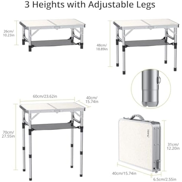 Anbte Folding Camping Table with Storage Net, 3 Adjustable Heights Aluminum Small Folding Table, Waterproof Lightweight Foldable Stored for Outdoor Indoor Picnic Beach Backyard, 60cm x 40cm, Silver