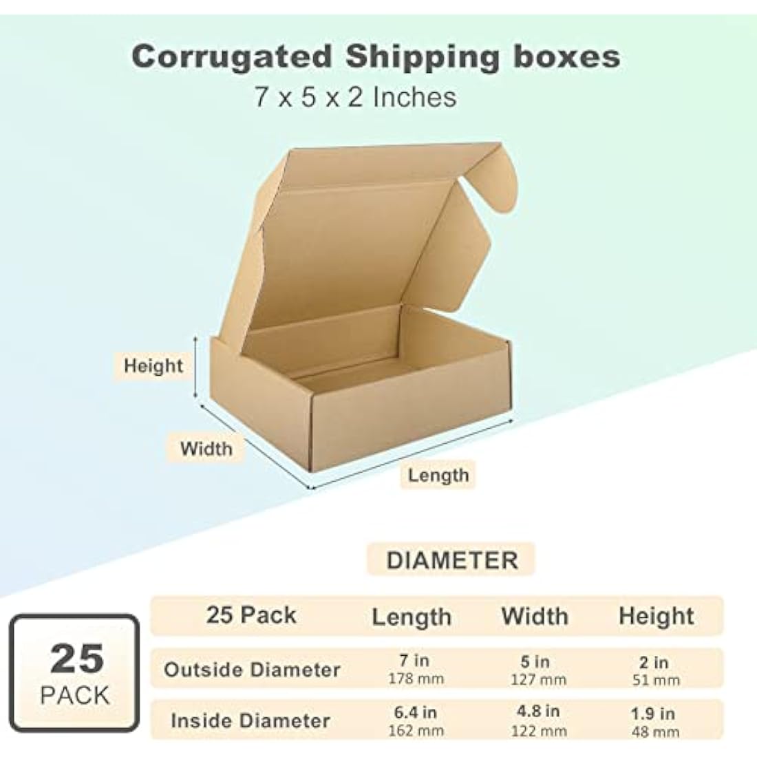HORLIMER 25 Pack Shipping Boxes, 17.8x12.7x5cm(7x5x2 inches) Corrugated Cardboard Mailing Box, Brown