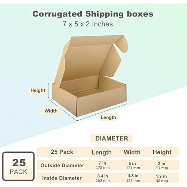 HORLIMER 25 Pack Shipping Boxes, 17.8x12.7x5cm(7x5x2 inches) Corrugated Cardboard Mailing Box, Brown