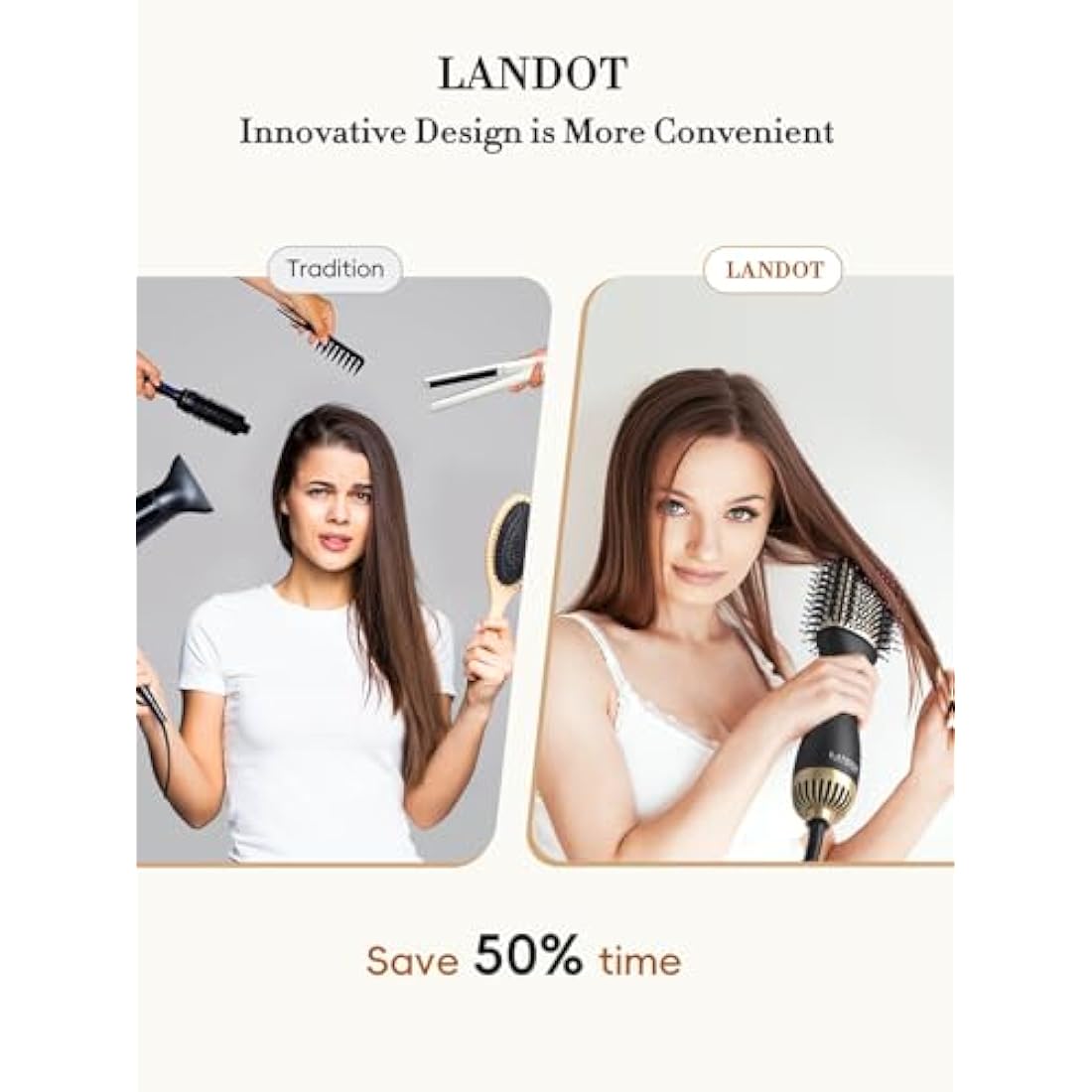 LANDOT Hair Dryer Brush, Lightweight Heated Hair Brush, One-Step Hot Air Stylers and Volumizer Blow Dryer for Drying Straightening Curling Volumizing (Black/Gold)