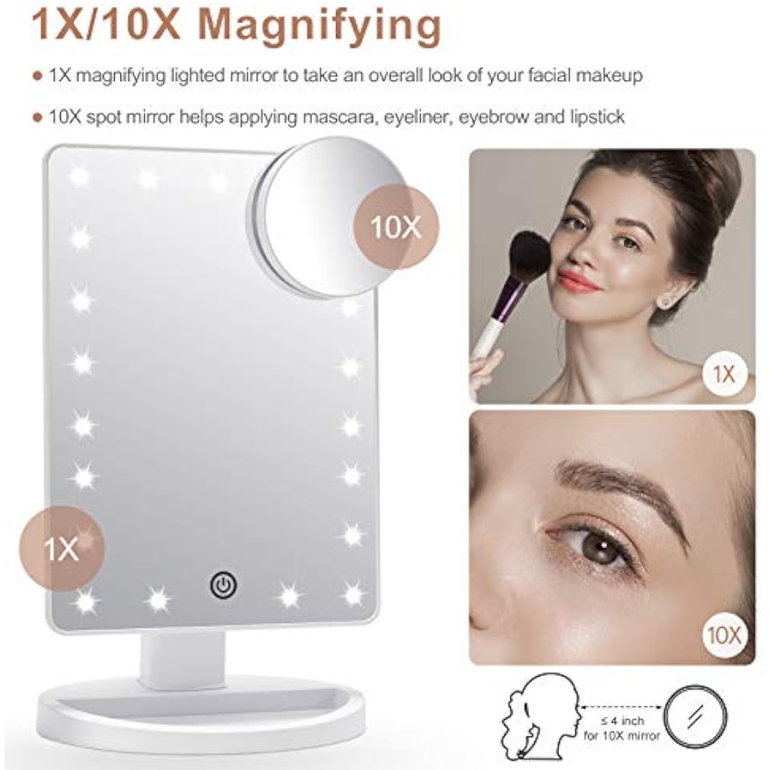 FASCINATE Makeup Vanity Mirror with Lights and Detachable 10X Magnification, 21 Led Lights Adjustable Dimming Touch Sensor, Dual Power Supply, 180° Rotation, Portable Cosmetic Mirror(White)