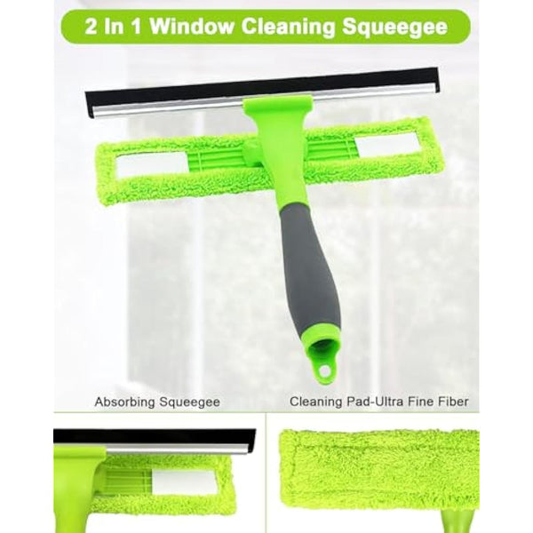 3.6 Meters Window Cleaning Kit Extra Long 2in1 Cleaner Equipment, Professional Window Squeegee Glass Cleaning Tool with Spare Microfiber Cloth Squeegee Strips, Screw-on Type