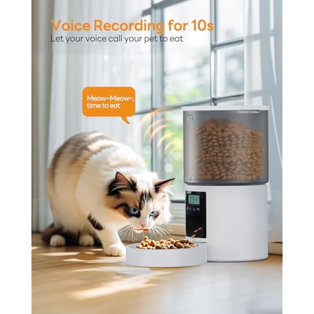 Automatic Cat Feeder: Cat Food Dispenser with Programmable Timer - Intelligent Cat Bowls with 10s Voice Recorder - Electric Dog Feeder Support 1-6 Meals Button Control White 4L